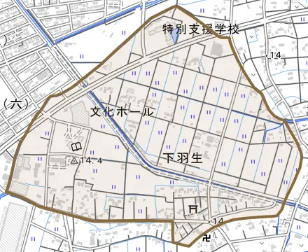 大字下羽生とその周辺の地図。町の範囲を重ねている