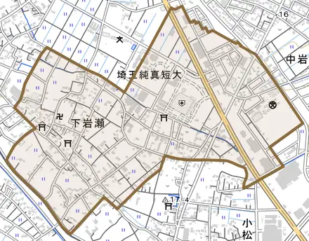 大字下岩瀬とその周辺の地図。町の範囲を重ねている