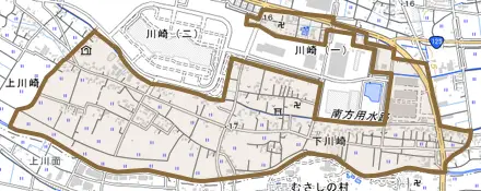 大字下川崎とその周辺の地図。町の範囲を重ねている