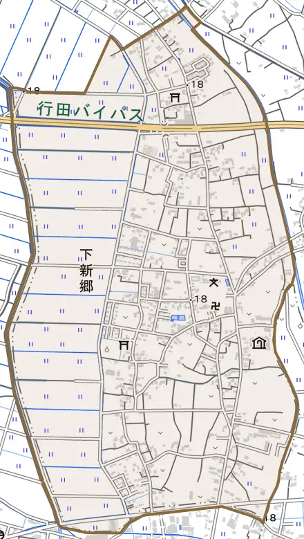 大字下新郷とその周辺の地図。町の範囲を重ねている