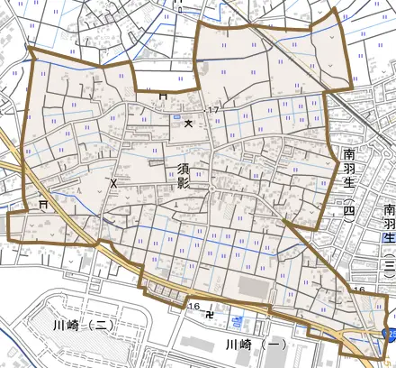 大字須影とその周辺の地図。町の範囲を重ねている