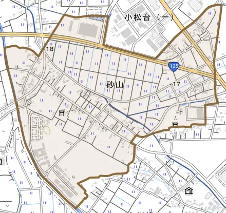 大字砂山とその周辺の地図。町の範囲を重ねている