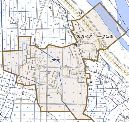 大字常木とその周辺の地図。町の範囲を重ねている