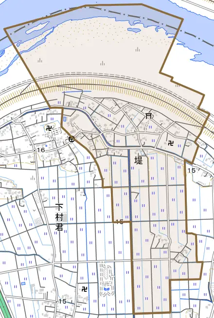 大字堤とその周辺の地図。町の範囲を重ねている