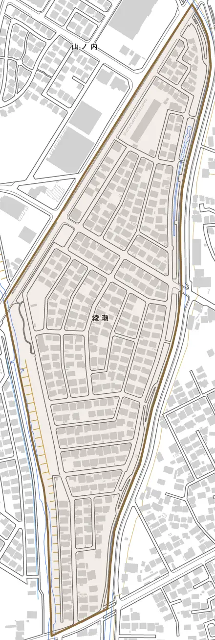 綾瀬とその周辺の地図。町の範囲を重ねている