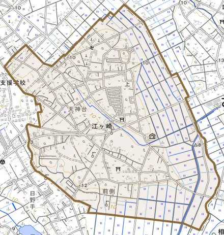 大字江ケ崎とその周辺の地図。町の範囲を重ねている