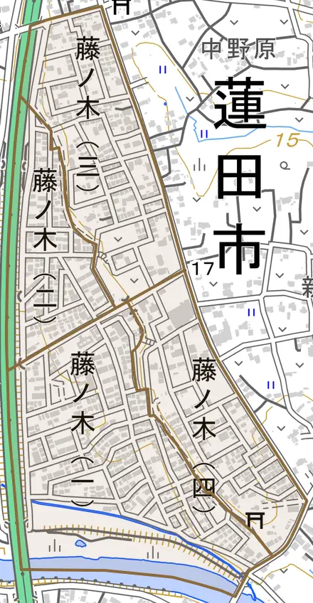 藤ノ木とその周辺の地図。町の範囲を重ねている