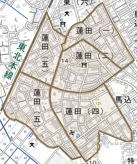 蓮田とその周辺の地図。町の範囲を重ねている