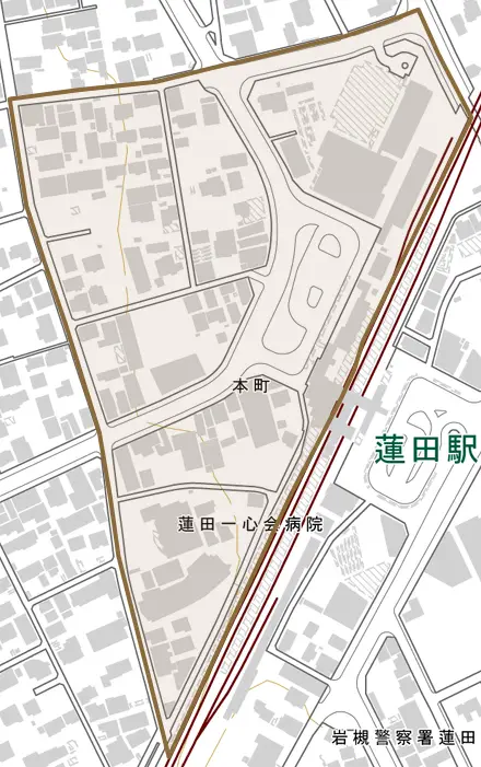 本町とその周辺の地図。町の範囲を重ねている