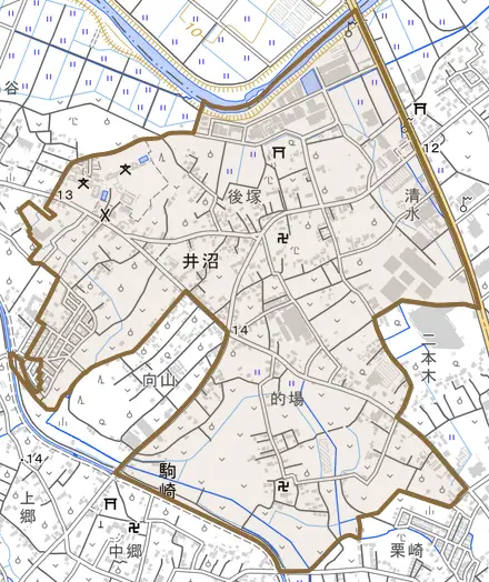 大字井沼とその周辺の地図。町の範囲を重ねている