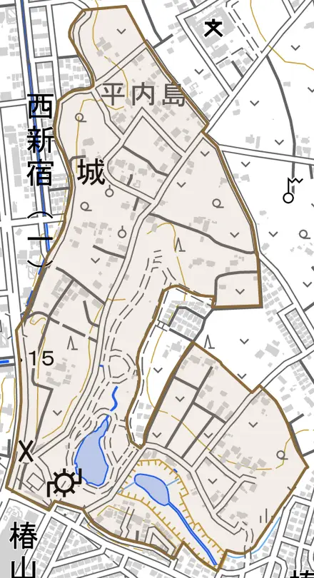 大字城とその周辺の地図。町の範囲を重ねている