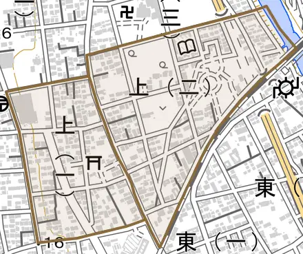 上とその周辺の地図。町の範囲を重ねている