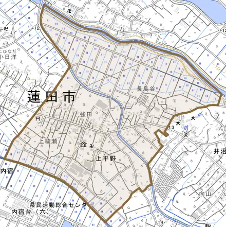 大字上平野とその周辺の地図。町の範囲を重ねている