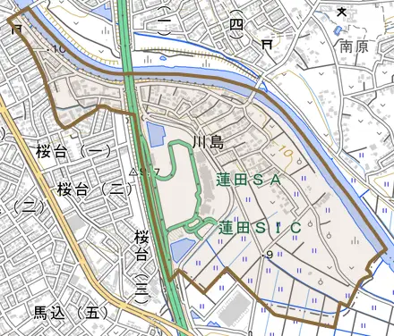 大字川島とその周辺の地図。町の範囲を重ねている