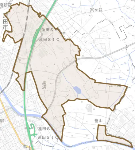 大字黒浜とその周辺の地図。町の範囲を重ねている