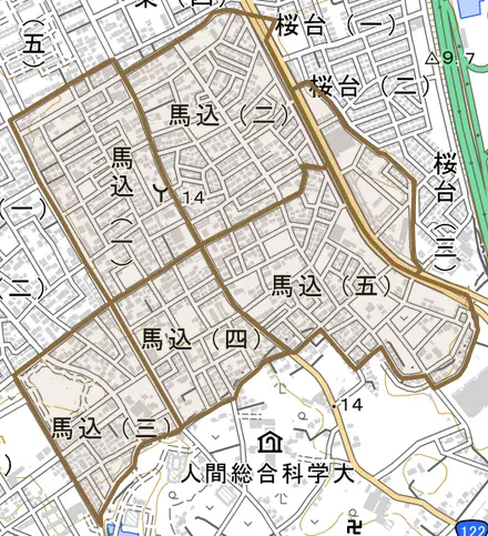 馬込とその周辺の地図。町の範囲を重ねている