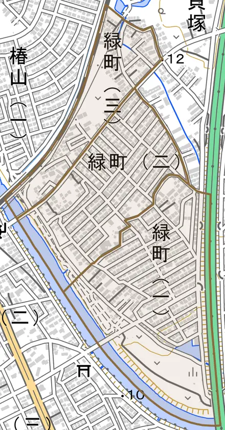 緑町とその周辺の地図。町の範囲を重ねている