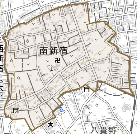 大字南新宿とその周辺の地図。町の範囲を重ねている