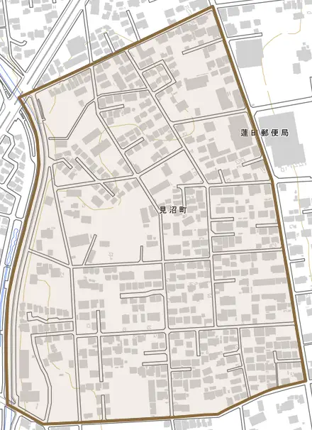 見沼町とその周辺の地図。町の範囲を重ねている