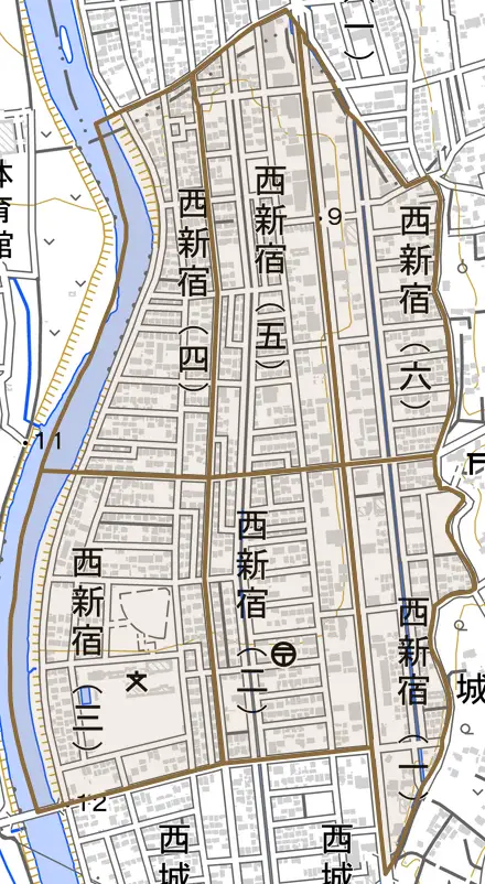 西新宿とその周辺の地図。町の範囲を重ねている