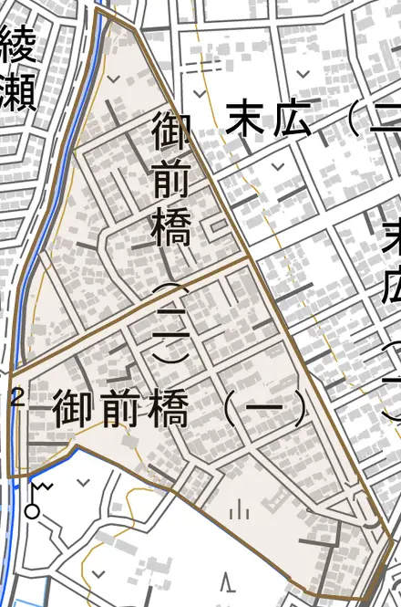 御前橋とその周辺の地図。町の範囲を重ねている