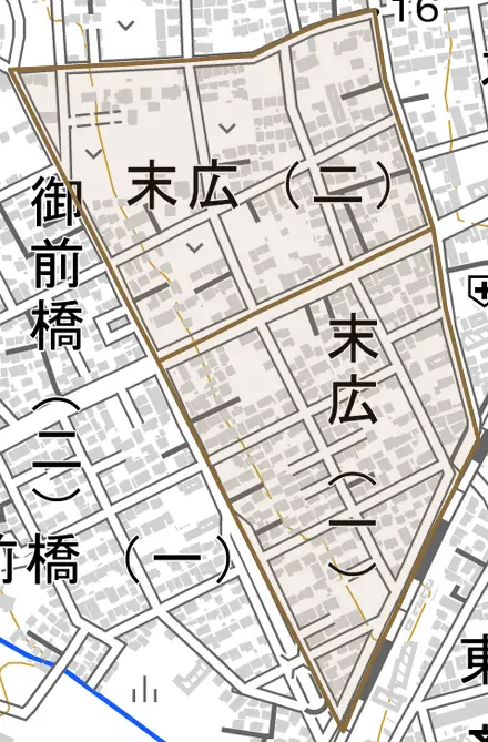 末広とその周辺の地図。町の範囲を重ねている