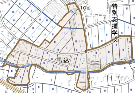 大字馬込とその周辺の地図。町の範囲を重ねている