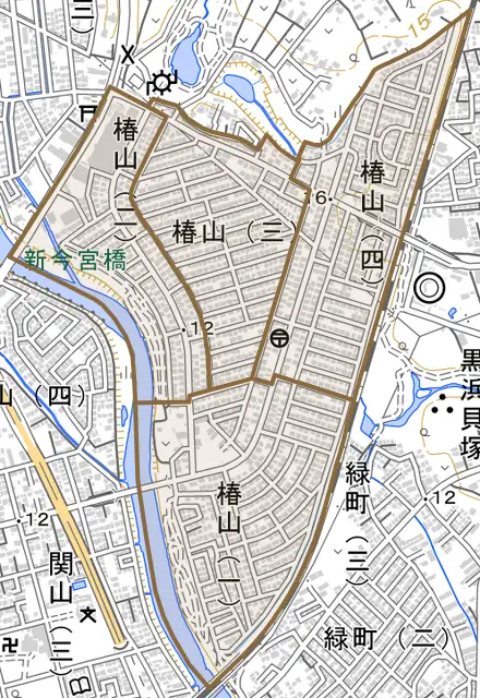 椿山とその周辺の地図。町の範囲を重ねている