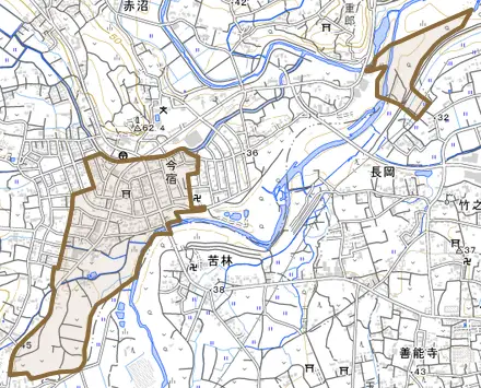 大字今宿とその周辺の地図。町の範囲を重ねている
