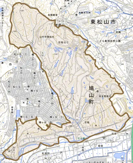 大字石坂とその周辺の地図。町の範囲を重ねている
