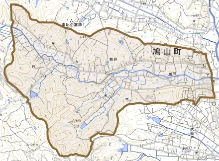 大字熊井とその周辺の地図。町の範囲を重ねている