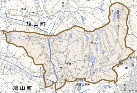 大字大橋とその周辺の地図。町の範囲を重ねている