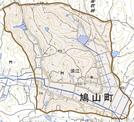 大字須江とその周辺の地図。町の範囲を重ねている