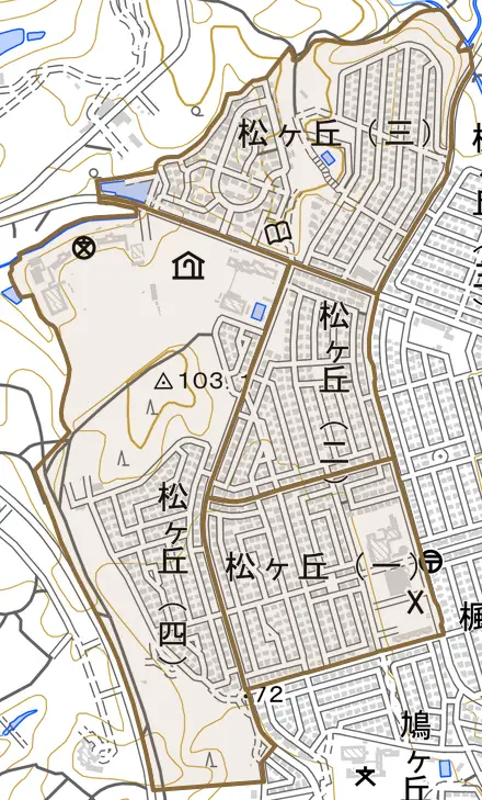 松ヶ丘とその周辺の地図。町の範囲を重ねている