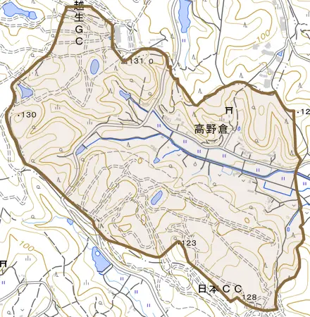 大字高野倉とその周辺の地図。町の範囲を重ねている