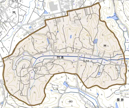 大字竹本とその周辺の地図。町の範囲を重ねている