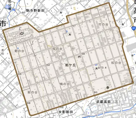 大字旭ケ丘とその周辺の地図。町の範囲を重ねている