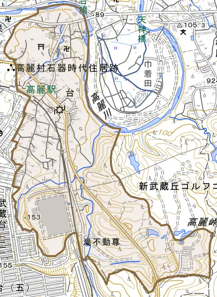 大字台とその周辺の地図。町の範囲を重ねている