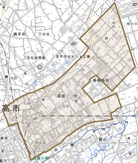 大字原宿とその周辺の地図。町の範囲を重ねている