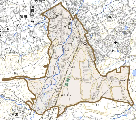 大字上鹿山とその周辺の地図。町の範囲を重ねている
