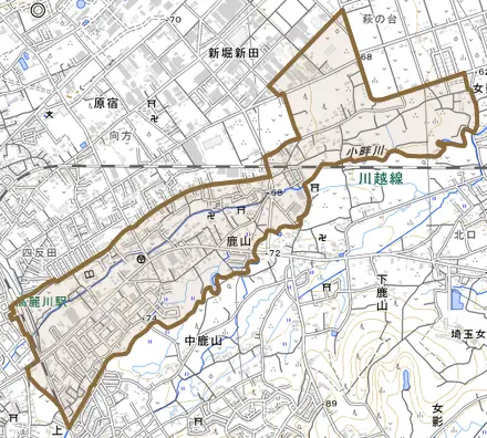 大字鹿山とその周辺の地図。町の範囲を重ねている