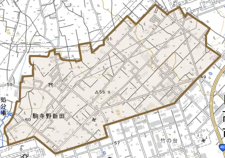 大字駒寺野新田とその周辺の地図。町の範囲を重ねている