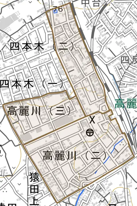高麗川とその周辺の地図。町の範囲を重ねている