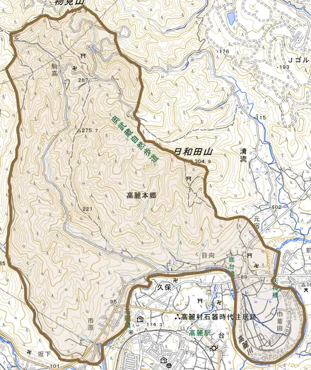大字高麗本郷とその周辺の地図。町の範囲を重ねている