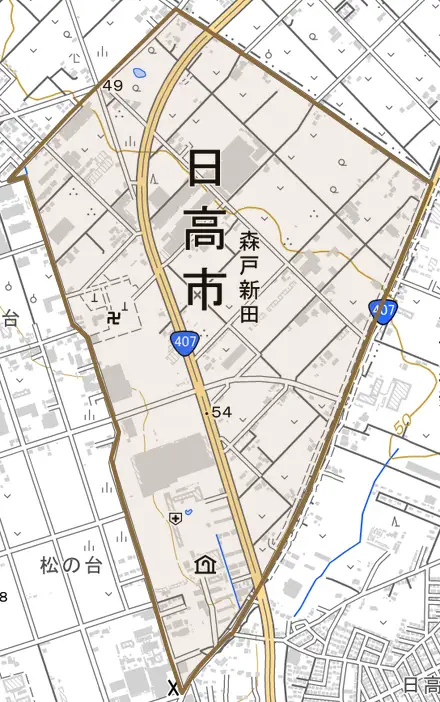 大字森戸新田とその周辺の地図。町の範囲を重ねている
