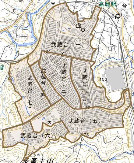 武蔵台とその周辺の地図。町の範囲を重ねている
