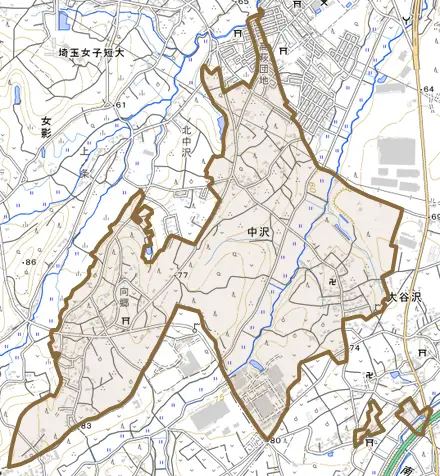 大字中沢とその周辺の地図。町の範囲を重ねている