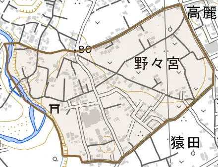 大字野々宮とその周辺の地図。町の範囲を重ねている