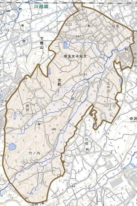 大字女影とその周辺の地図。町の範囲を重ねている