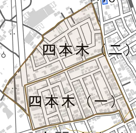 四本木とその周辺の地図。町の範囲を重ねている